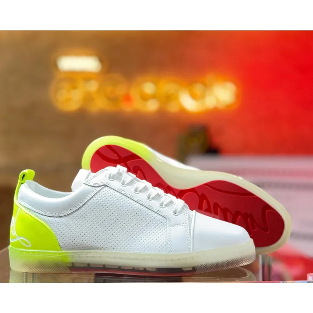 Christian Louboutin Men’s Low Top Sneakers White Neon Yellow EU 41 Red Sole